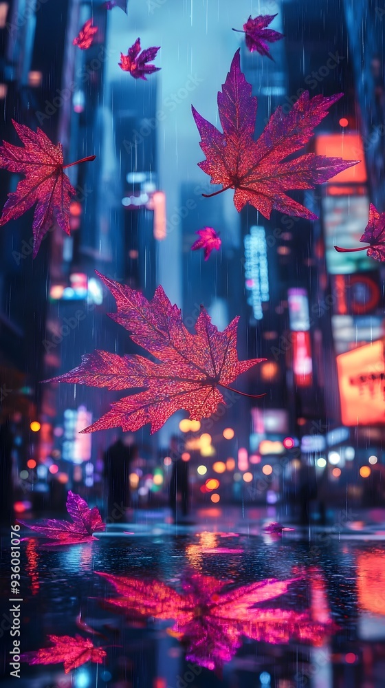 Obraz premium Hyper detailed Maple Leaves Tumbling Through Futuristic Urban Air in Vibrant Digital Glitch Art