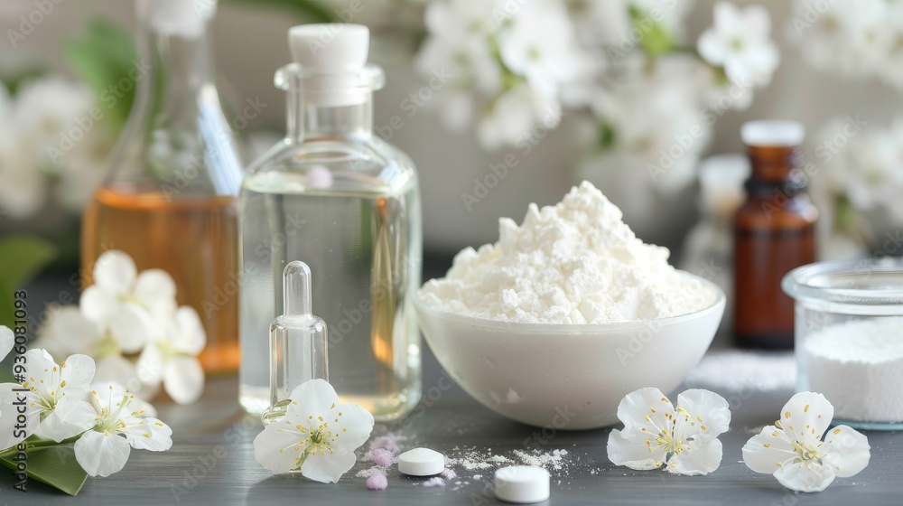 bowl of white powder, surrounded by various bottles and jars containing liquid or solid substances. on the table, there are also some fresh jasmine flowers bowl of white powder, surrounded by various bottles and jars containing liquid or solid substances. on the table, there are also some fresh jasmine flowers