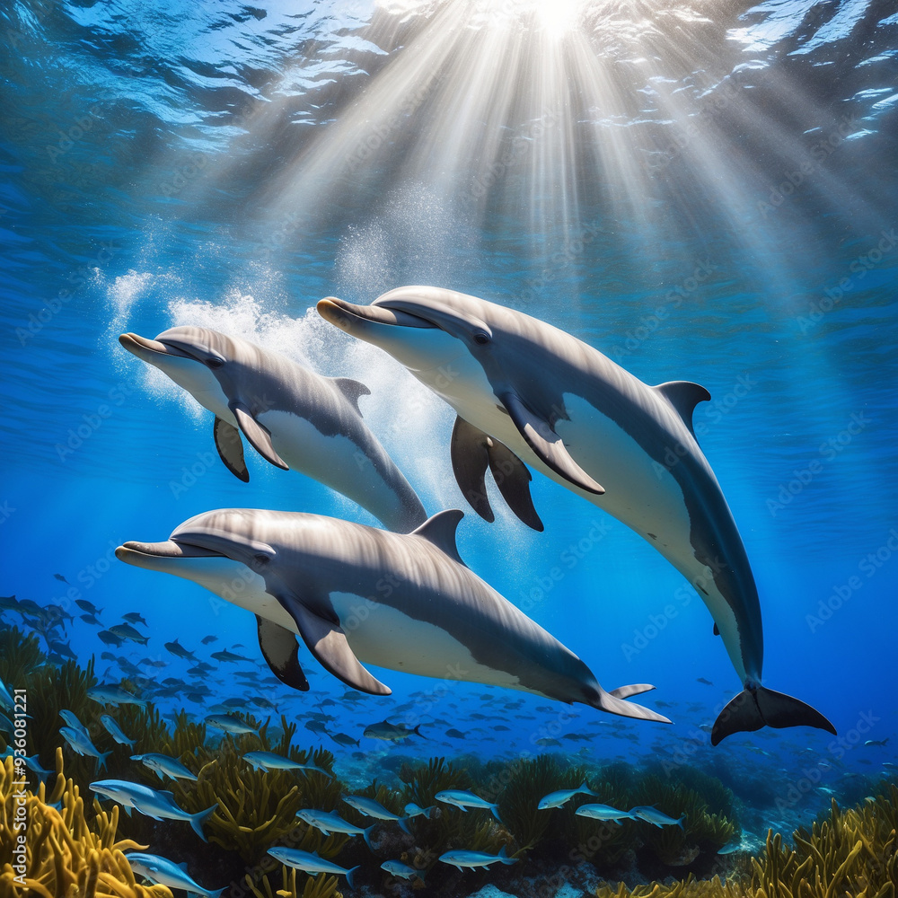 Obraz premium AI generated underwater scene of dolphins swimming through crystal-clear blue waters, the image captures the joyful spirit of the dolphins