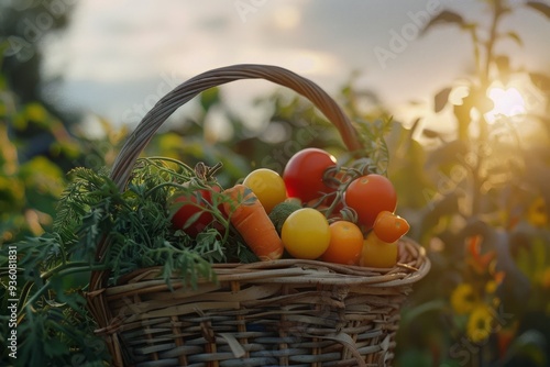 A bountiful basket of fresh, colorful vegetables set against a warm evening sun, capturing the essence of harvest and healthy living.