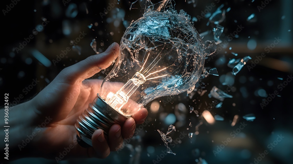 Hand Smashing a Lightbulb: A hand smashing a lightbulb, with glass fragments scattering.
Hand Smashing a Lightbulb: A hand smashing a lightbulb, with glass fragments scattering.