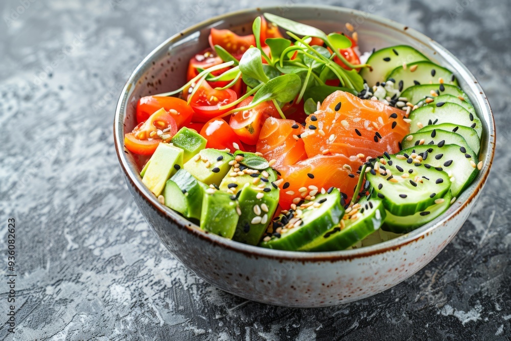 A colorful and healthy bowl of salad with tomatoes, cucumbers, salmon, sprouts, and sesame seeds, offering a nutritious meal option. A colorful and healthy bowl of salad with tomatoes, cucumbers, salmon, sprouts, and sesame seeds, offering a nutritious meal option.