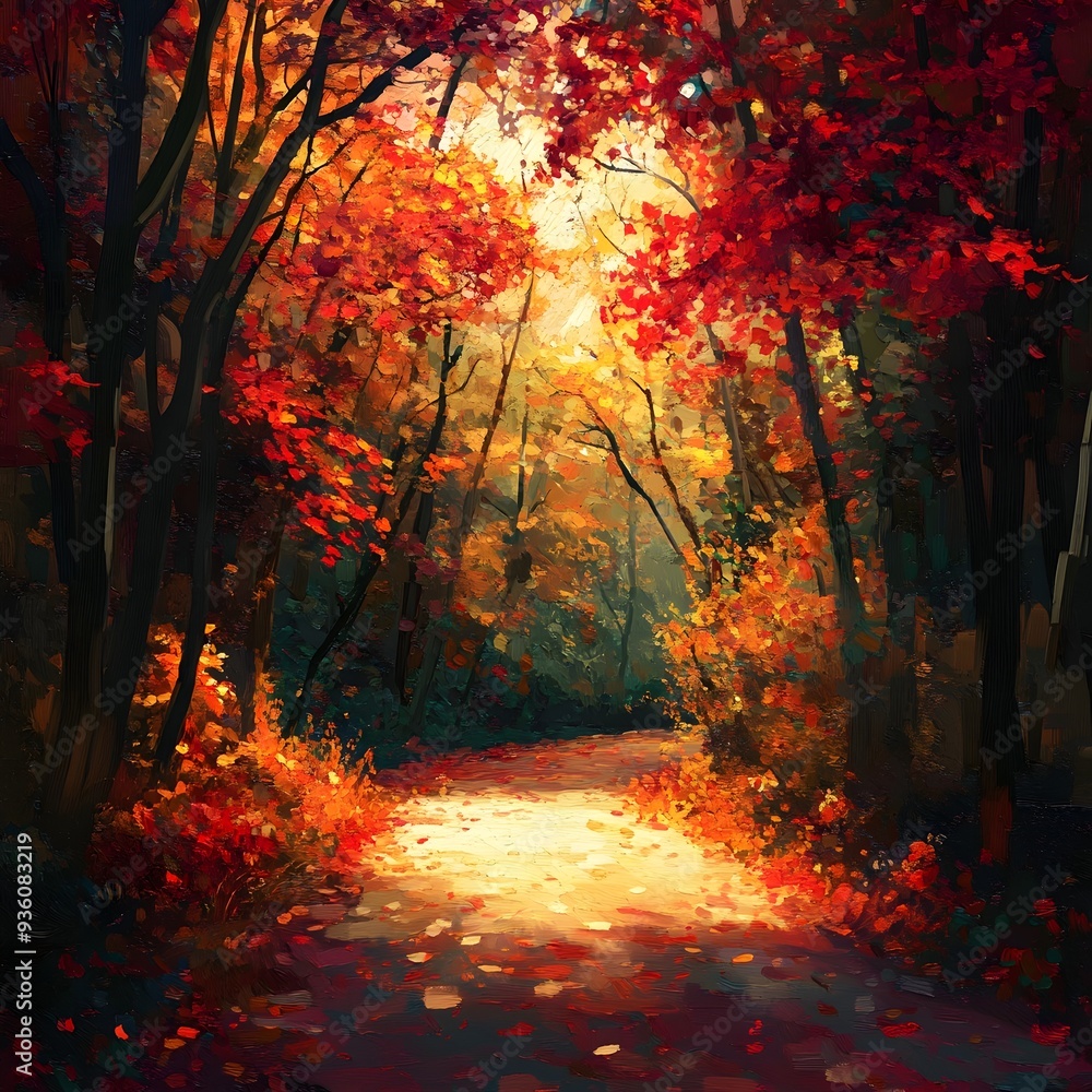 Vibrant Autumn Foliage Cascading in Lush Forest with Warm Sunlight Vibrant Autumn Foliage Cascading in Lush Forest with Warm Sunlight