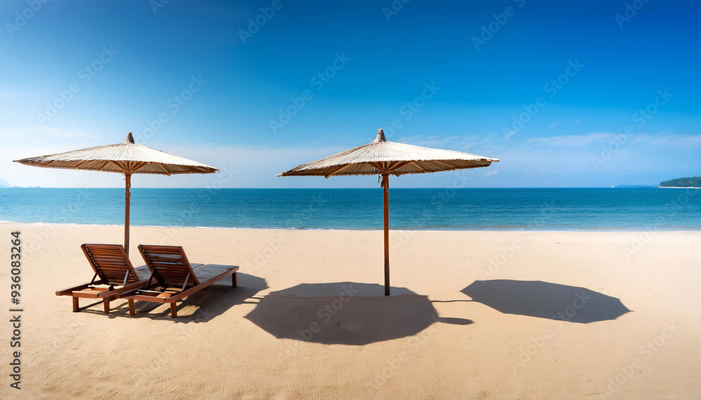 Fototapeta premium Two wooden lounge chairs or easy chairs are shaded by two parasol umbrellas. on white