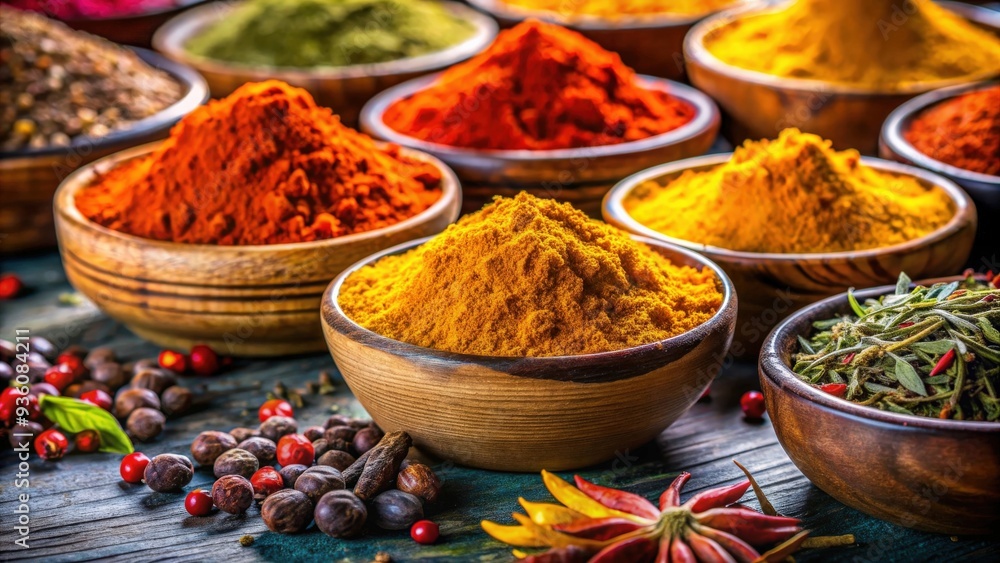 Spices of saffron, turmeric, and curry in vibrant colors for culinary inspiration Spices of saffron, turmeric, and curry in vibrant colors for culinary inspiration