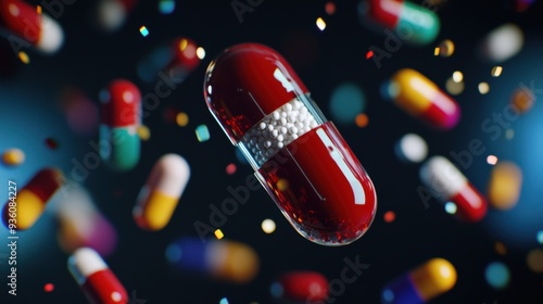 Floating colorful capsules, dark background, macro, focus on red pill in center, abstract