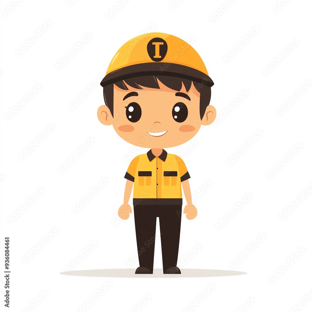 Cheerful cartoon character boy in a yellow uniform and cap, representing a friendly worker ready to assist. Cheerful cartoon character boy in a yellow uniform and cap, representing a friendly worker ready to assist.