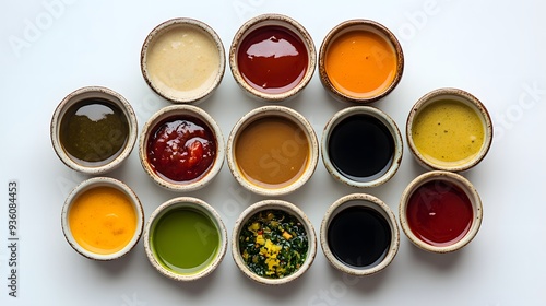 Assortment of colorful sauces in small bowls