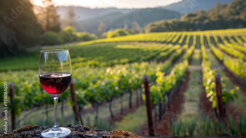 Wallpaper Mural A glass of red wine sits on a tree stump in front of a vineyard with rolling hills and a sunset in the background. Torontodigital.ca