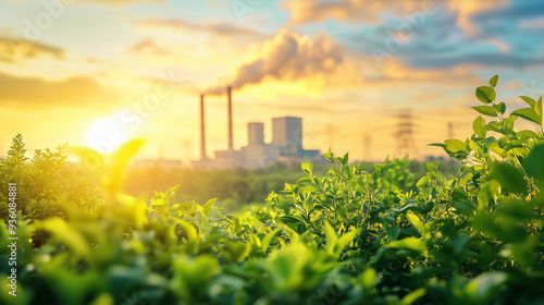 Green Industry Eco Power Factory Good ecology, ozone air, low carbon footprint. AI generation