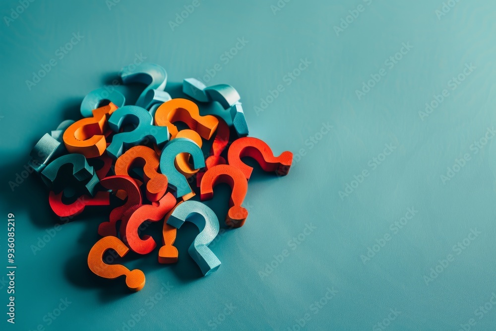 Multicolored question marks creating an abstract, playful pattern against a teal background, representing curiosity, inquiry, and fun. Multicolored question marks creating an abstract, playful pattern against a teal background, representing curiosity, inquiry, and fun.