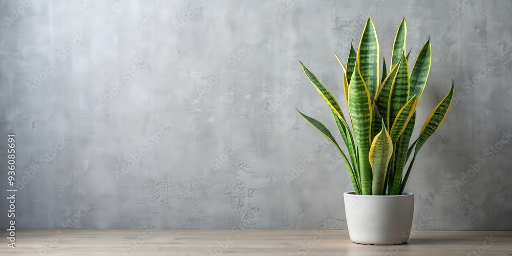 Snake plant sansevieria standing against a grey wall with space for text Snake plant sansevieria standing against a grey wall with space for text