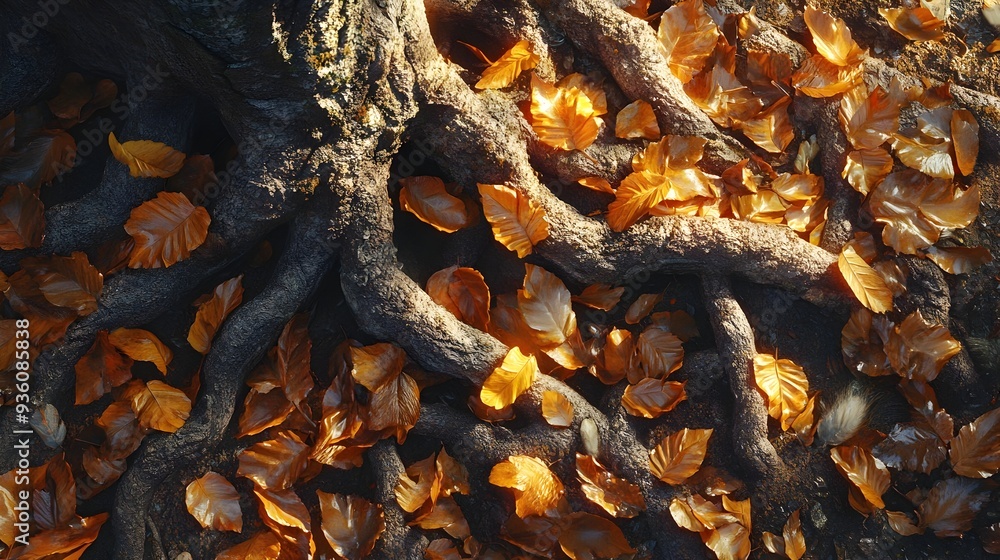Fallen Autumn Leaves Accumulating Around Tangled Tree Roots in Cinematic Landscape