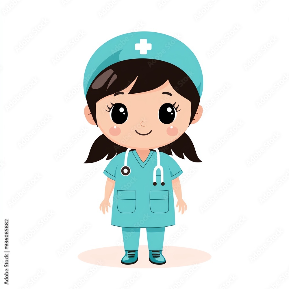 Cute cartoon nurse character in scrubs with a stethoscope, symbolizing care and health in a cheerful style. Cute cartoon nurse character in scrubs with a stethoscope, symbolizing care and health in a cheerful style.