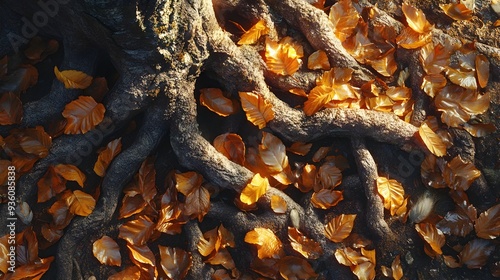 Obraz na płótnie Fallen Autumn Leaves Accumulating Around Tangled Tree Roots in Cinematic Landscape w salonie
