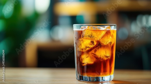 Closeup of a refreshing iced beverage with a blurry cafe background