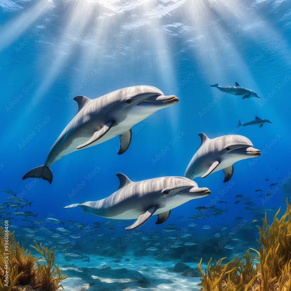 Fototapeta premium AI generated underwater scene of dolphins swimming through crystal-clear blue waters, the image captures the joyful spirit of the dolphins 