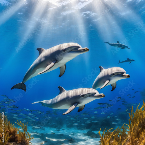 AI generated underwater scene of dolphins swimming through crystal-clear blue waters, the image captures the joyful spirit of the dolphins 