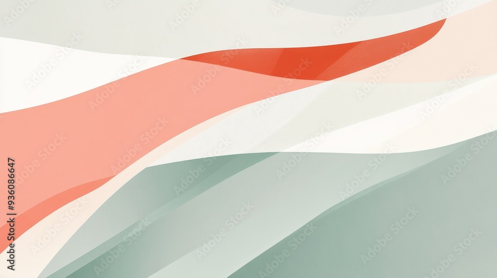 Abstract art with flowing, wavy shapes in soft pastel colors of green, cream, and coral.