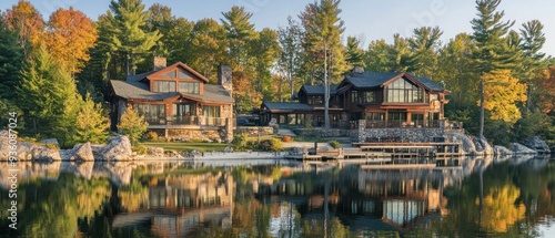 Two Wooden Cabins on a Lake in Autumn with Reflection