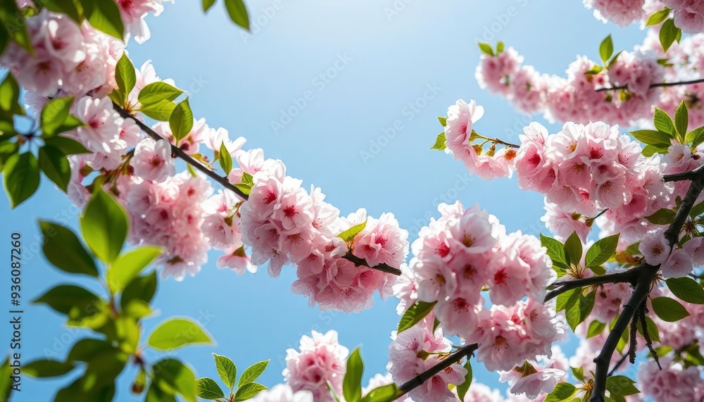 stretch ceiling sky image. tropical sunny sky and white, pink cherry blossoms. green tree leaves. Bottom-up view of the sky and flowers, ai stretch ceiling sky image. tropical sunny sky and white, pink cherry blossoms. green tree leaves. Bottom-up view of the sky and flowers, ai