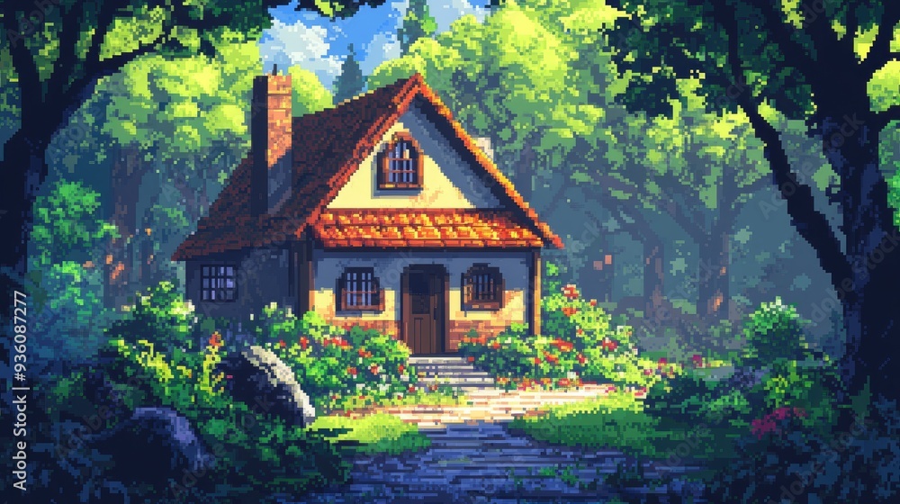 A cozy 8-bit pixel art house in the middle of a lush forest, rendered with vibrant colors, perfect for an isekai anime background A cozy 8-bit pixel art house in the middle of a lush forest, rendered with vibrant colors, perfect for an isekai anime background