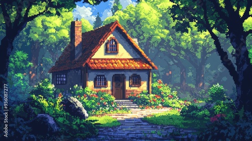 A cozy 8-bit pixel art house in the middle of a lush forest, rendered with vibrant colors, perfect for an isekai anime background