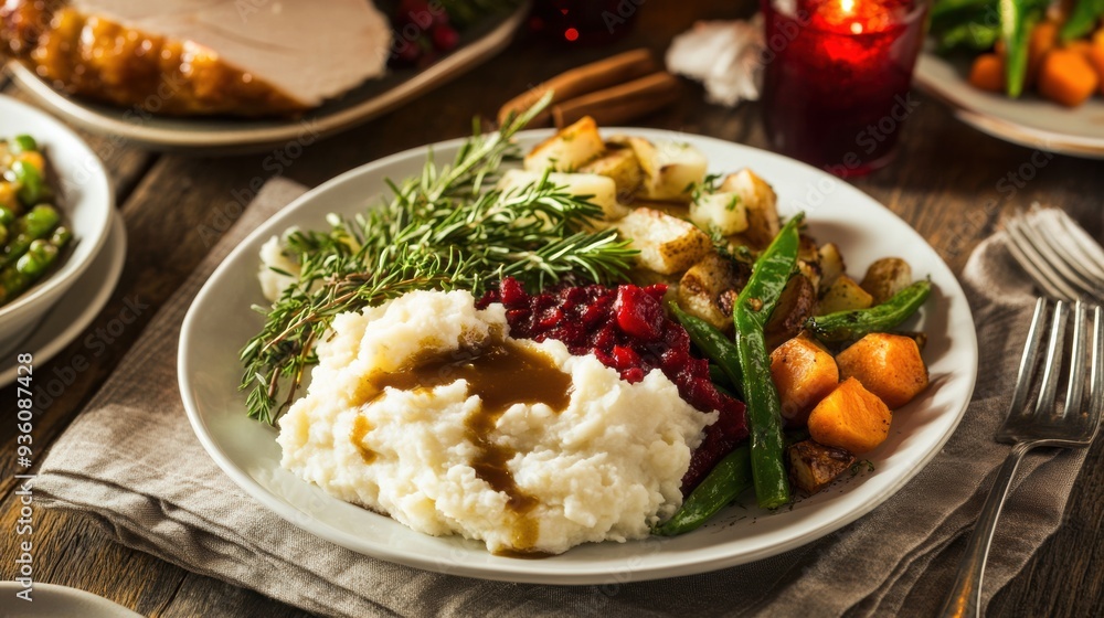 Thanksgiving Dinner Plate with Vegetables and Mashed Potatoes
Thanksgiving Dinner Plate with Vegetables and Mashed Potatoes