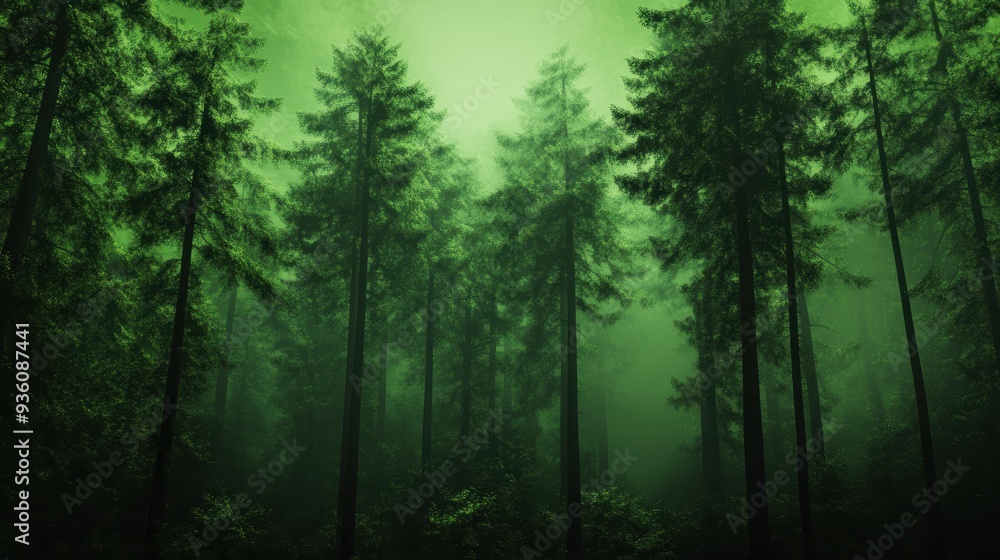 Misty Forest with High Trees and Greenery in a Serene Atmosphere Misty Forest with High Trees and Greenery in a Serene Atmosphere