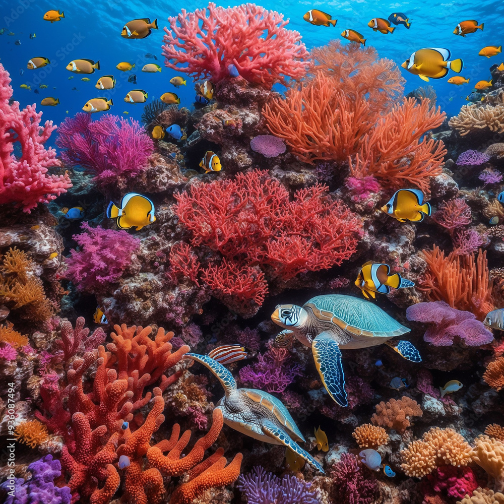 Obraz premium Symphony of Coral Reefs, A vibrant and detailed image of a bustling colorful coral reef teeming with life,