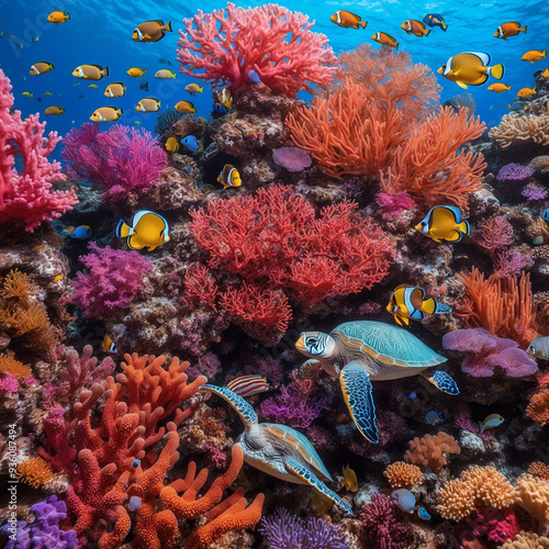 Wallpaper Mural Symphony of Coral Reefs, A vibrant and detailed image of a bustling colorful coral reef teeming with life,  Torontodigital.ca