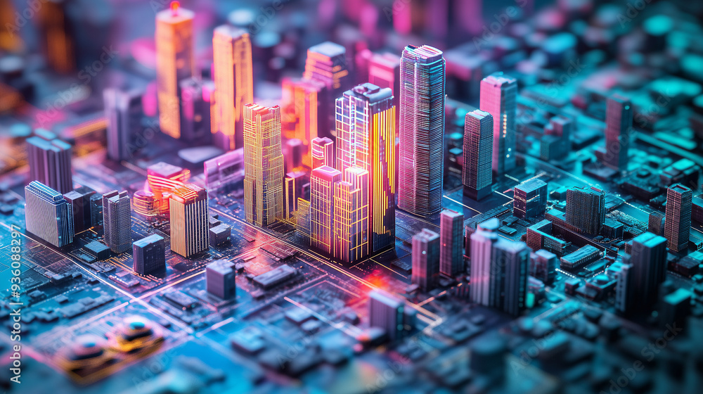 Fototapeta Futuristic night city. Smart City artificial intelligence microchip controller. Scheme city. AI generation