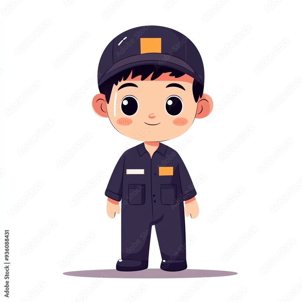 Cute cartoon character boy in a dark uniform with a cheerful expression, perfect for children's illustrations or educational materials. Cute cartoon character boy in a dark uniform with a cheerful expression, perfect for children's illustrations or educational materials.