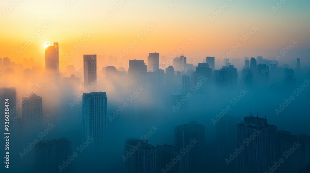 A stunning cityscape at sunrise with skyscrapers emerging from morning mist, suitable for business presentations, travel blogs, and urban-themed projects, A stunning cityscape at sunrise with skyscrapers emerging from morning mist, suitable for business presentations, travel blogs, and urban-themed projects,