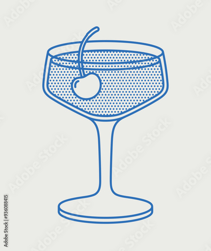 Manhattan cocktail with cherry. Line art, retro. Vector illustration for bars, cafes, and restaurants.
