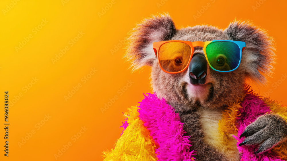 Cool Koala in Colorful Clothes Wearing Sunglasses on Vibrant Orange Background Cool Koala in Colorful Clothes Wearing Sunglasses on Vibrant Orange Background