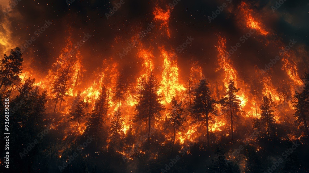 A dramatic wildfire consumes a dense forest, with large flames and intense smoke useful for topics on climate change, natural disasters, and environmental conservation, A dramatic wildfire consumes a dense forest, with large flames and intense smoke useful for topics on climate change, natural disasters, and environmental conservation,
