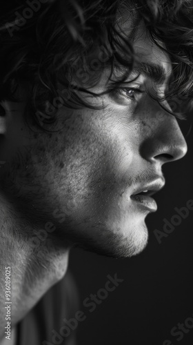 The striking profile of a handsome man emerges in soft black and white tones, showcasing his chiseled jawline and tousled hair as he gazes thoughtfully into the distance