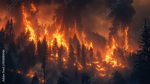 A massive forest fire engulfs trees in bright orange flames and dark smoke, suitable for environmental disaster awareness, climate change discussions, and emergency response visuals,