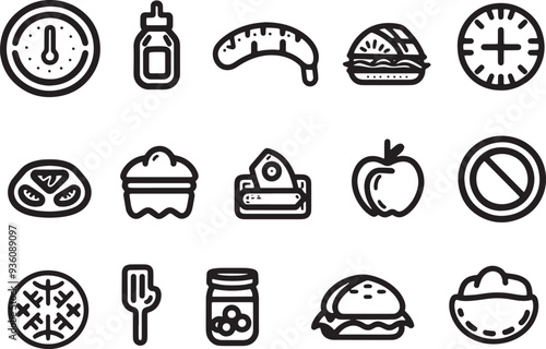 A clean vector icon set including a daily calorie intake, food allergies, sugar intake, and nutritional goals