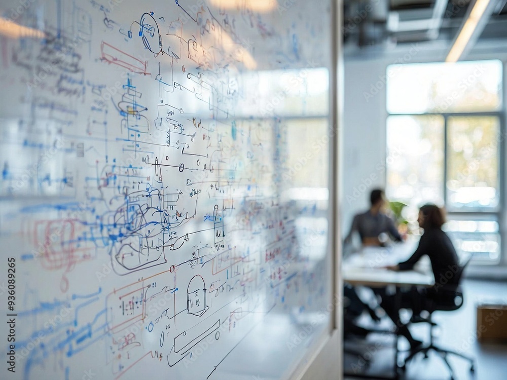 A whiteboard covered in complex diagrams and equations, with two people blurred in the background, sitting at a table in a modern office. A whiteboard covered in complex diagrams and equations, with two people blurred in the background, sitting at a table in a modern office.