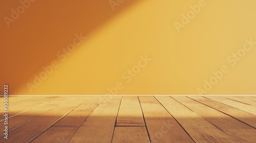 Warm yellow wall background with wooden floor and natural sunlight, a cozy setting for home decor and interior design

