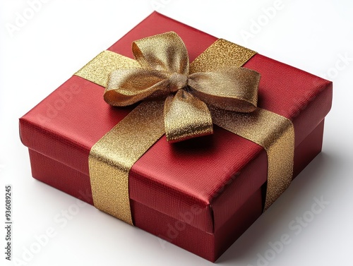 luxurious red gift box with a golden ribbon bow isolated on crisp white background soft shadows and reflections add depth creating an enticing festive presentation