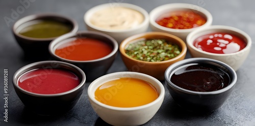 Assortment of Colorful Sauces in Small Bowls