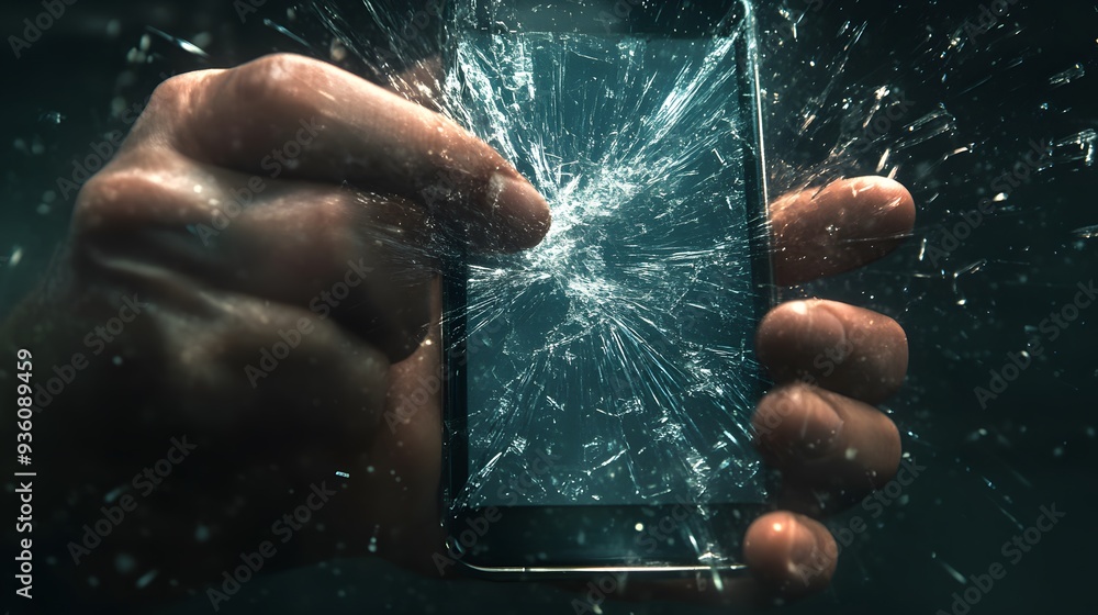 Fototapeta premium Hand Smashing a Phone: A hand smashing a smartphone, with the screen cracking and breaking. 