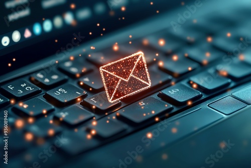 Close-up of a keyboard with a glowing email icon, representing digital communication and modern technology. photo