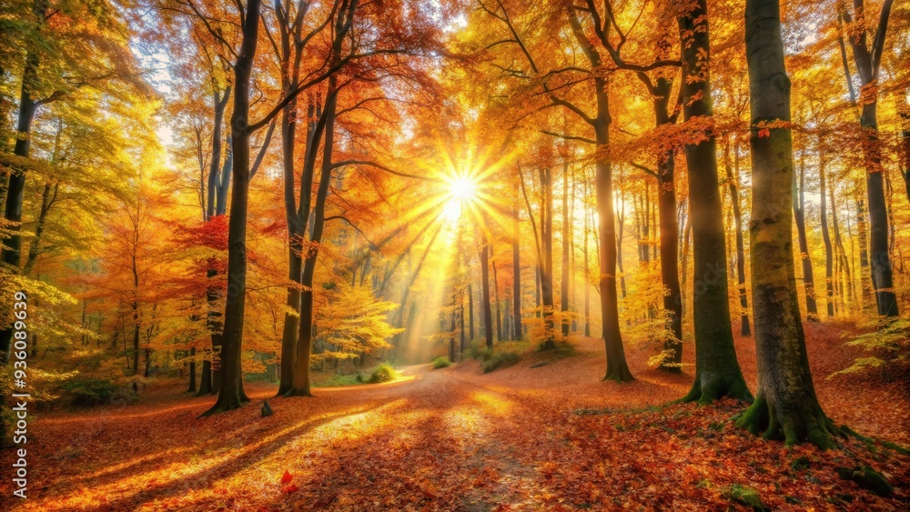 Beautiful autumn forest with sun shining through the trees in a scenic panorama landscape, creating a warm and pleasant atmosphere Beautiful autumn forest with sun shining through the trees in a scenic panorama landscape, creating a warm and pleasant atmosphere