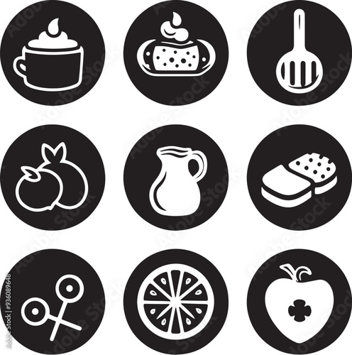 A clean vector icon set including a daily calorie intake, food allergies, sugar intake, and nutritional goals