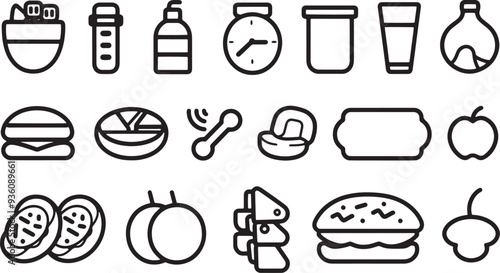 A clean vector icon set including a daily calorie intake, food allergies, sugar intake, and nutritional goals