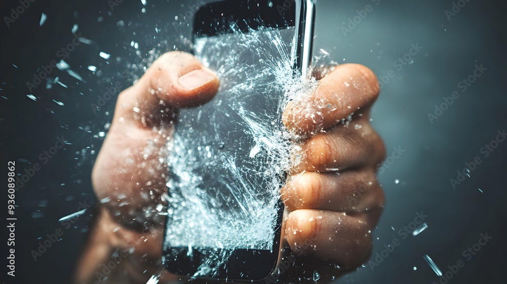 Fototapeta premium Hand Smashing a Phone: A hand smashing a smartphone, with the screen cracking and breaking.